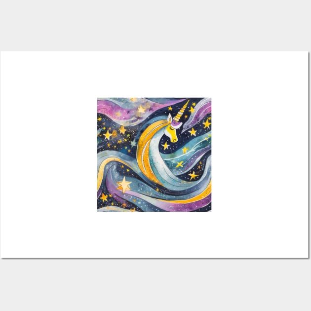 Geometric pattern of curved seamless stripes making a starry night with galaxy, stars and unicorn Wall Art by mooonthemoon